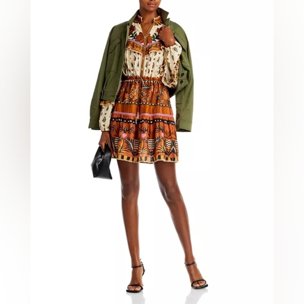 FARM Rio AINIKA Floral Beige Ruffled Long Sleeve MINI Dress - Picture 2 of 6